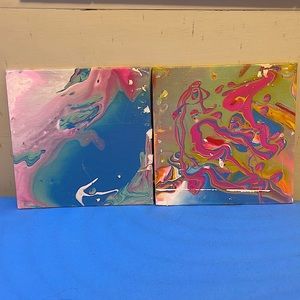 Painting on canvas. Colors:blue,pink,purple,white,yellow,green,red
